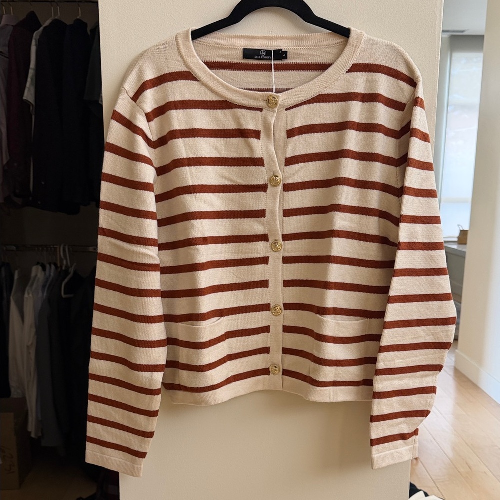 Lillusory Beige and Brown Striped Cardigan